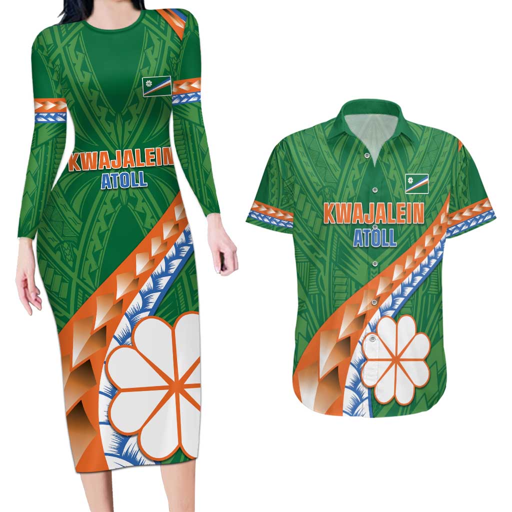 Personalised Marshall Islands Kwajalein Atoll Couples Matching Long Sleeve Bodycon Dress and Hawaiian Shirt Polynesian Tribal Tattoo