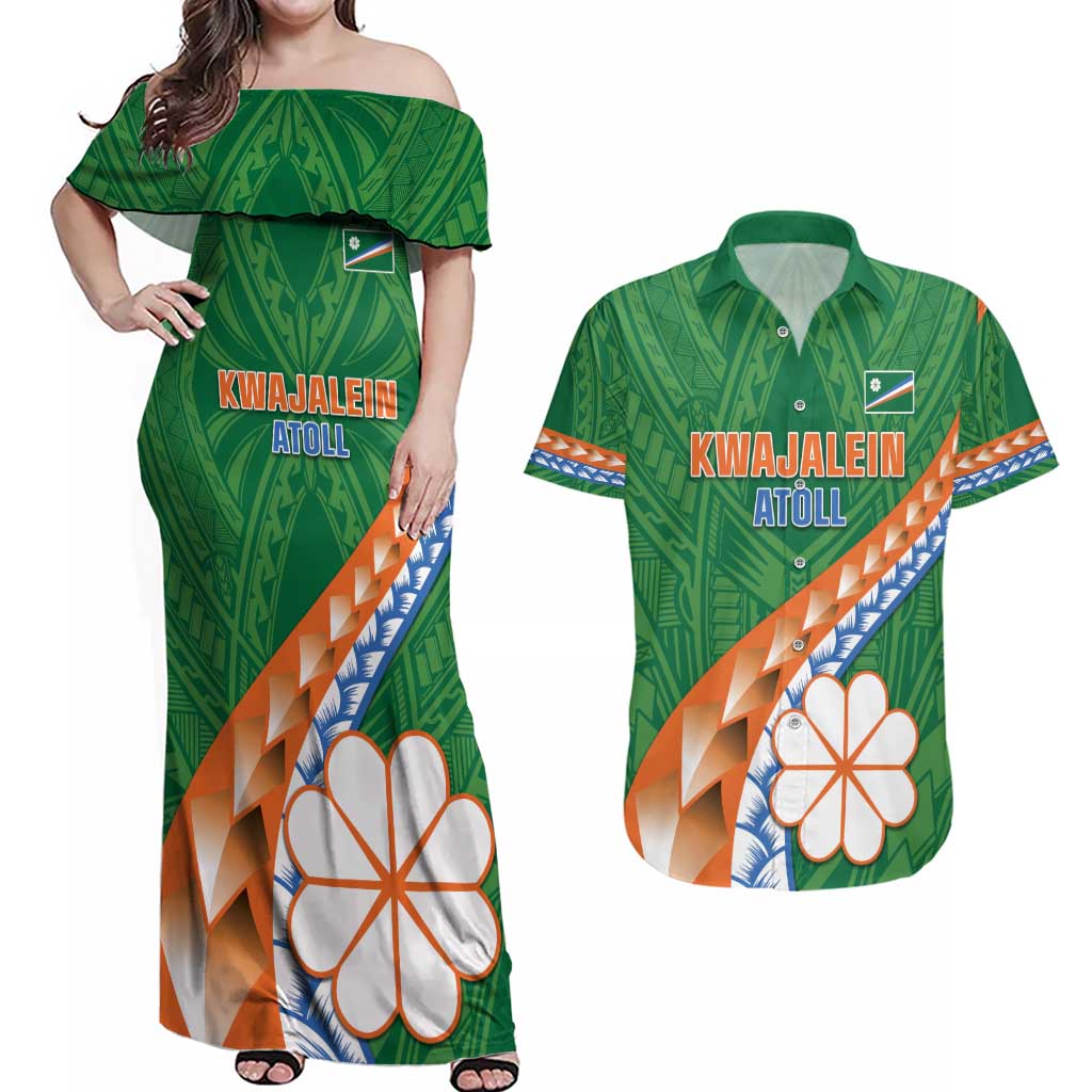 Personalised Marshall Islands Kwajalein Atoll Couples Matching Off Shoulder Maxi Dress and Hawaiian Shirt Polynesian Tribal Tattoo