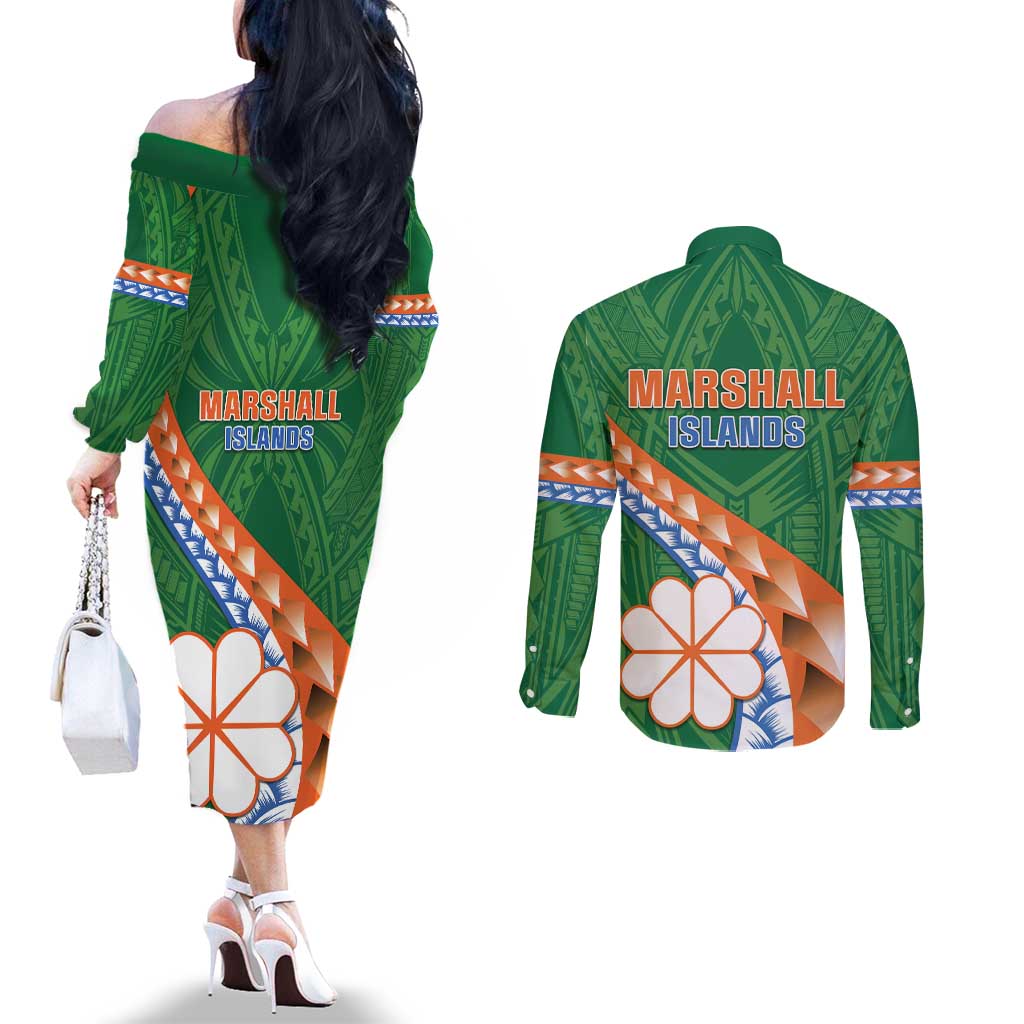 Personalised Marshall Islands Kwajalein Atoll Couples Matching Off The Shoulder Long Sleeve Dress and Long Sleeve Button Shirt Polynesian Tribal Tattoo