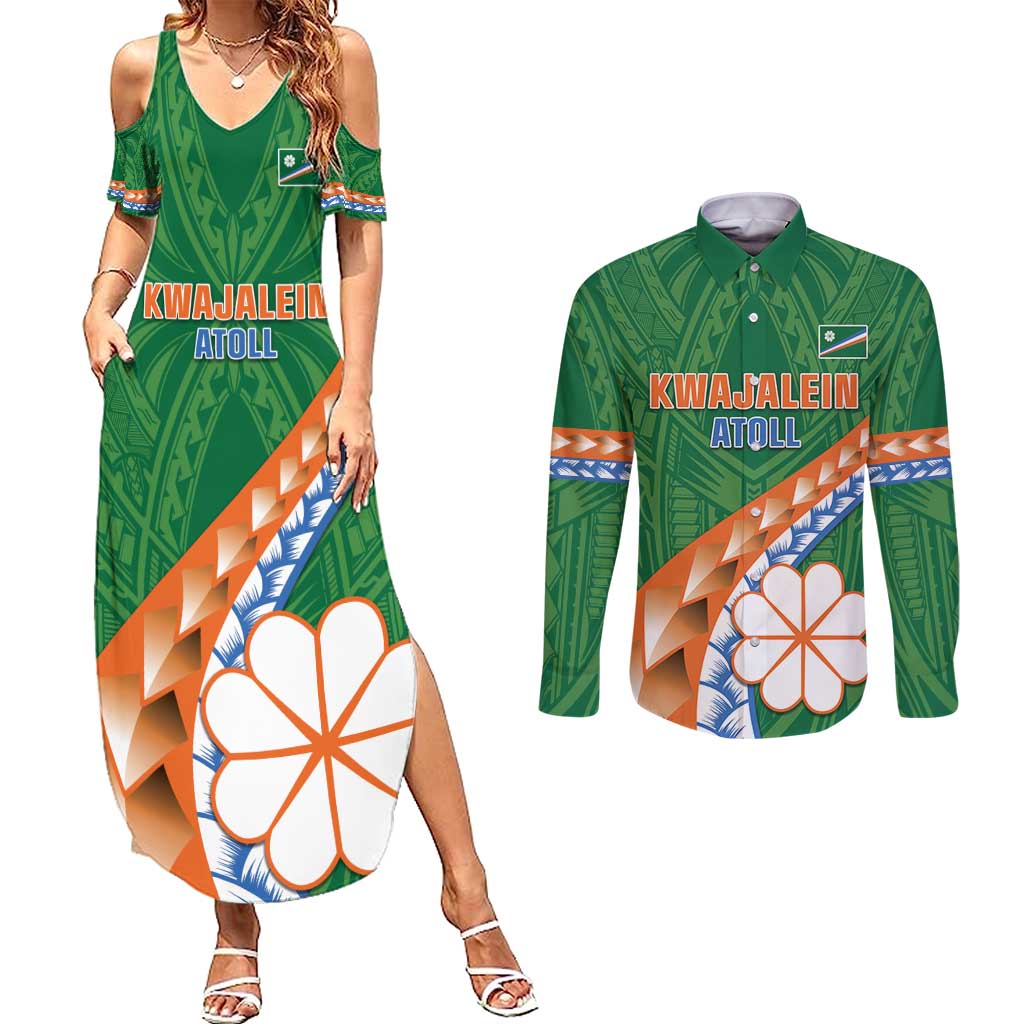 Personalised Marshall Islands Kwajalein Atoll Couples Matching Summer Maxi Dress and Long Sleeve Button Shirt Polynesian Tribal Tattoo