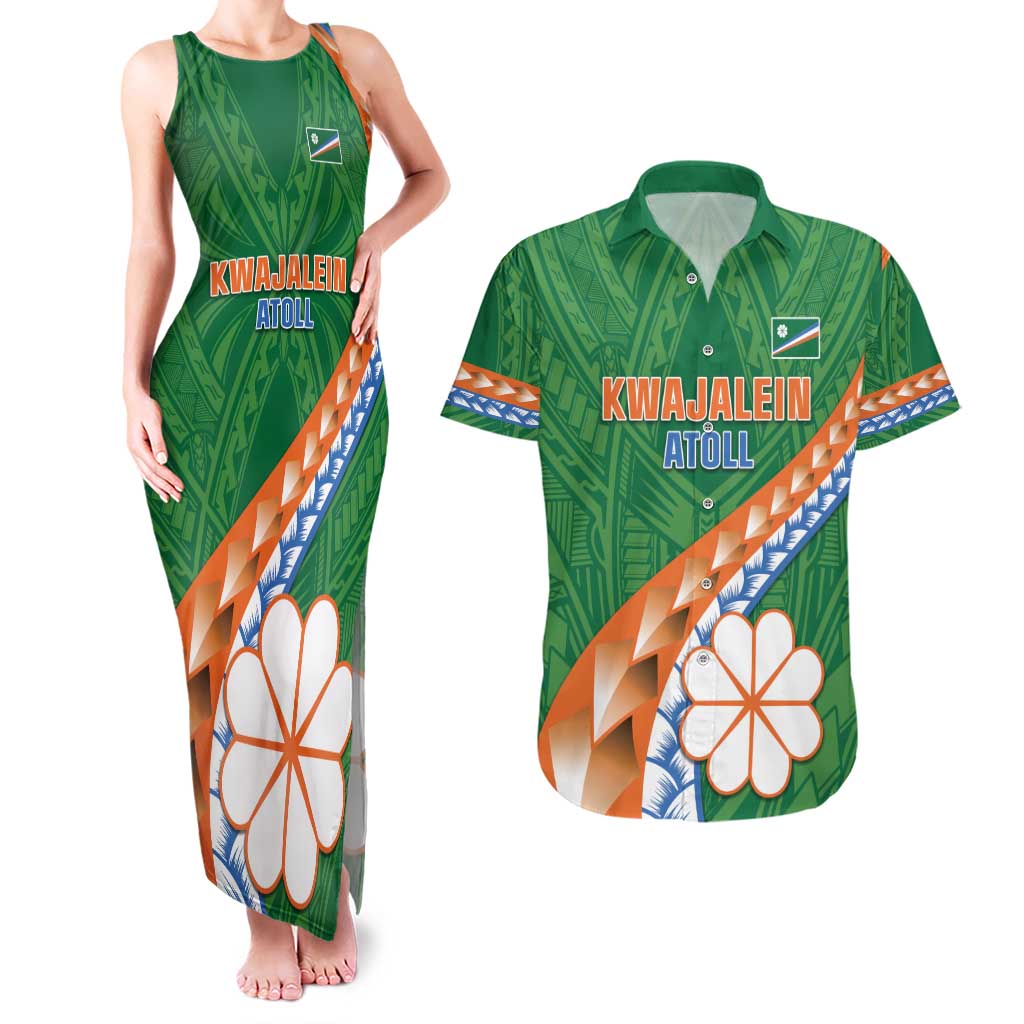 Personalised Marshall Islands Kwajalein Atoll Couples Matching Tank Maxi Dress and Hawaiian Shirt Polynesian Tribal Tattoo