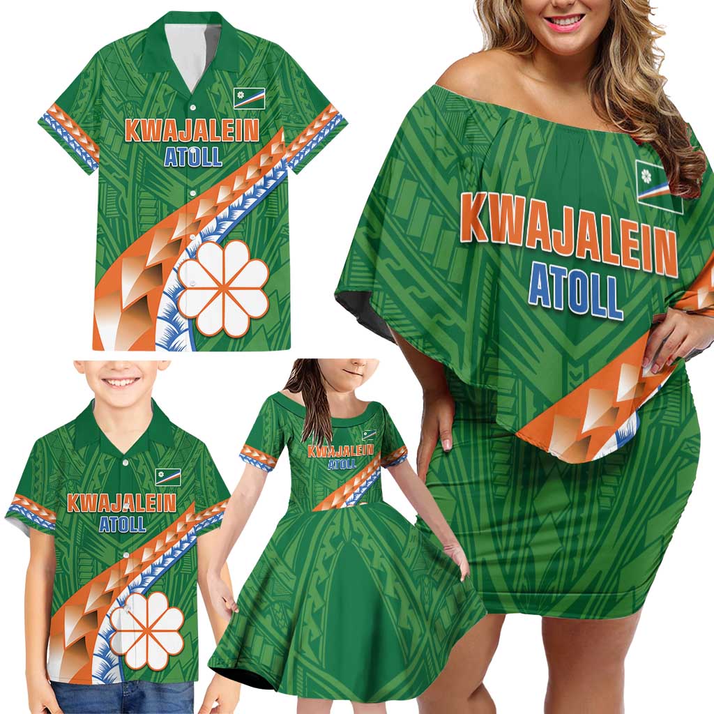 Personalised Marshall Islands Kwajalein Atoll Family Matching Off Shoulder Short Dress and Hawaiian Shirt Polynesian Tribal Tattoo