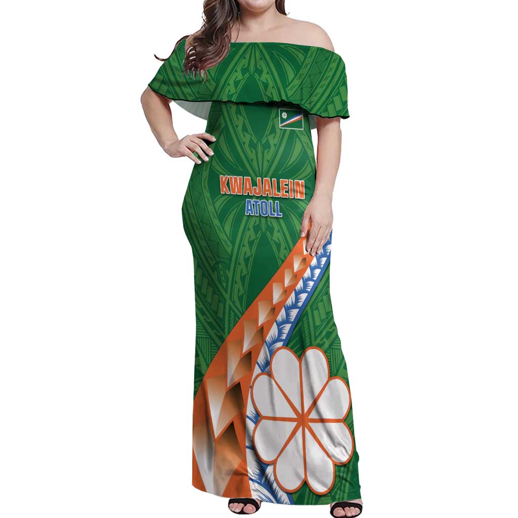 Personalised Marshall Islands Kwajalein Atoll Off Shoulder Maxi Dress Polynesian Tribal Tattoo LT05 Women Green - Polynesian Pride