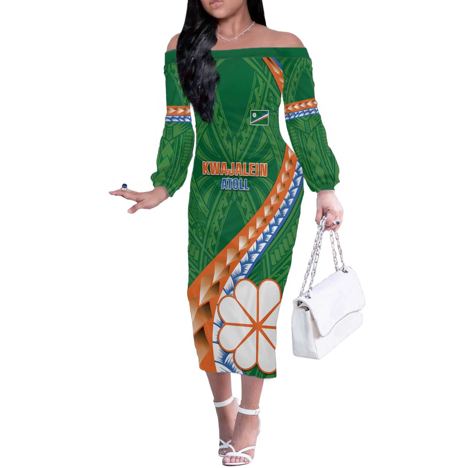 Personalised Marshall Islands Kwajalein Atoll Off The Shoulder Long Sleeve Dress Polynesian Tribal Tattoo