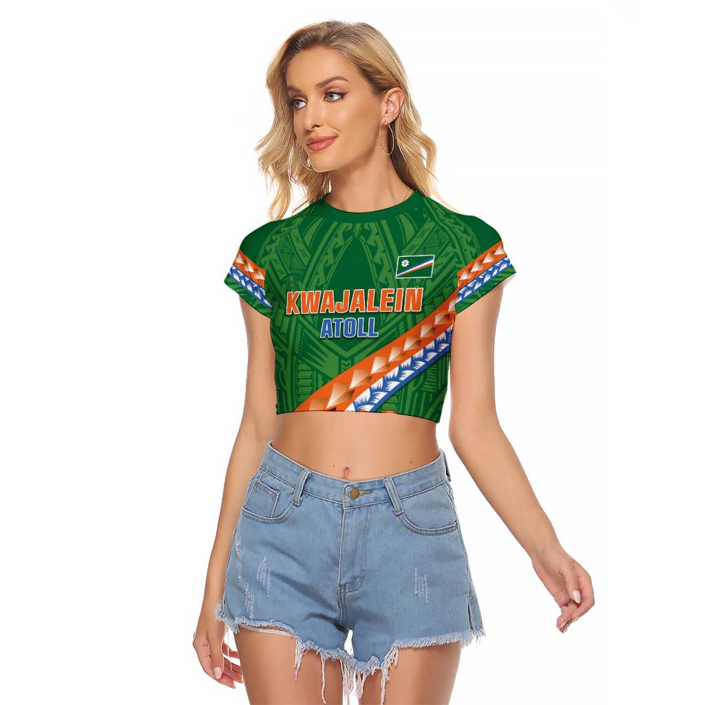 Personalised Marshall Islands Kwajalein Atoll Raglan Cropped T Shirt Polynesian Tribal Tattoo LT05 Female Green - Polynesian Pride