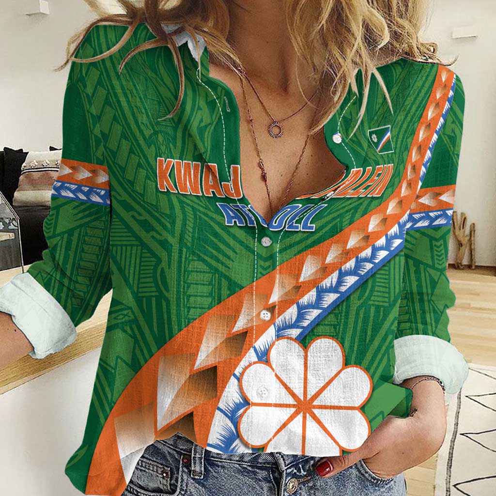 Personalised Marshall Islands Kwajalein Atoll Women Casual Shirt Polynesian Tribal Tattoo LT05 Female Green - Polynesian Pride