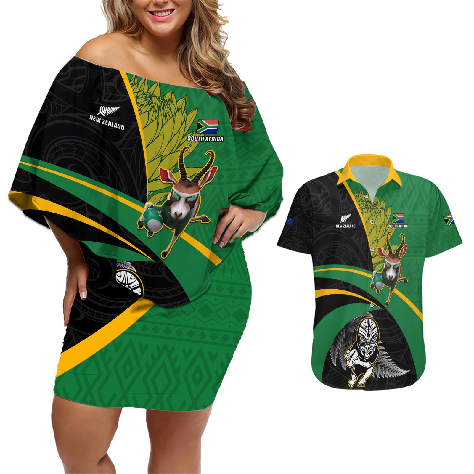 Custom New Zealand And South Africa Rugby Couples Matching Off Shoulder Short Dress and Hawaiian Shirt 2023 Springboks Combine All Black Silver Fern LT05 Green - Polynesian Pride