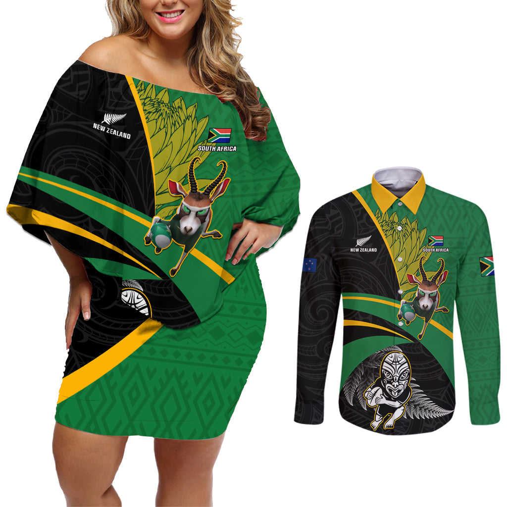 Custom New Zealand And South Africa Rugby Couples Matching Off Shoulder Short Dress and Long Sleeve Button Shirt 2023 Springboks Combine All Black Silver Fern LT05 Green - Polynesian Pride