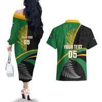 Custom New Zealand And South Africa Rugby Couples Matching Off The Shoulder Long Sleeve Dress and Hawaiian Shirt 2023 Springboks Combine All Black Silver Fern LT05 - Polynesian Pride