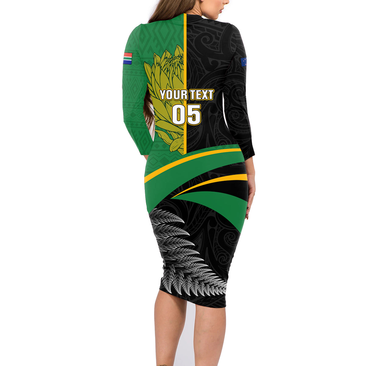 Custom New Zealand And South Africa Rugby Family Matching Long Sleeve Bodycon Dress and Hawaiian Shirt 2023 Springboks Combine All Black Silver Fern LT05 - Polynesian Pride