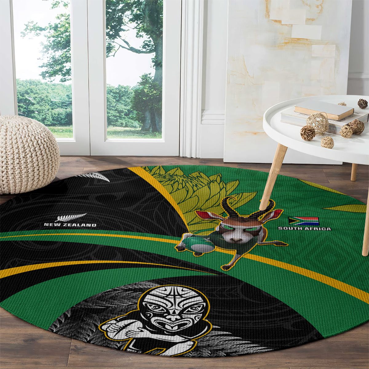 New Zealand And South Africa Rugby Round Carpet 2023 Springboks Combine All Black Silver Fern LT05 - Polynesian Pride