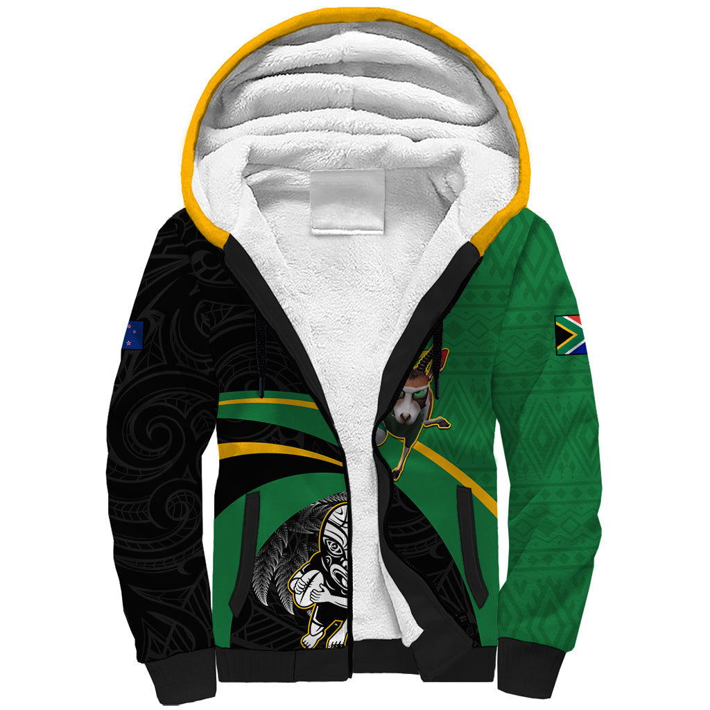 Custom New Zealand And South Africa Rugby Sherpa Hoodie 2023 Springboks Combine All Black Silver Fern LT05 Unisex Green - Polynesian Pride