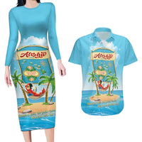 Aloha Hawaii Couples Matching Long Sleeve Bodycon Dress and Hawaiian Shirt Funny Macaw Parrot Tropical Vibe LT05 Blue - Polynesian Pride