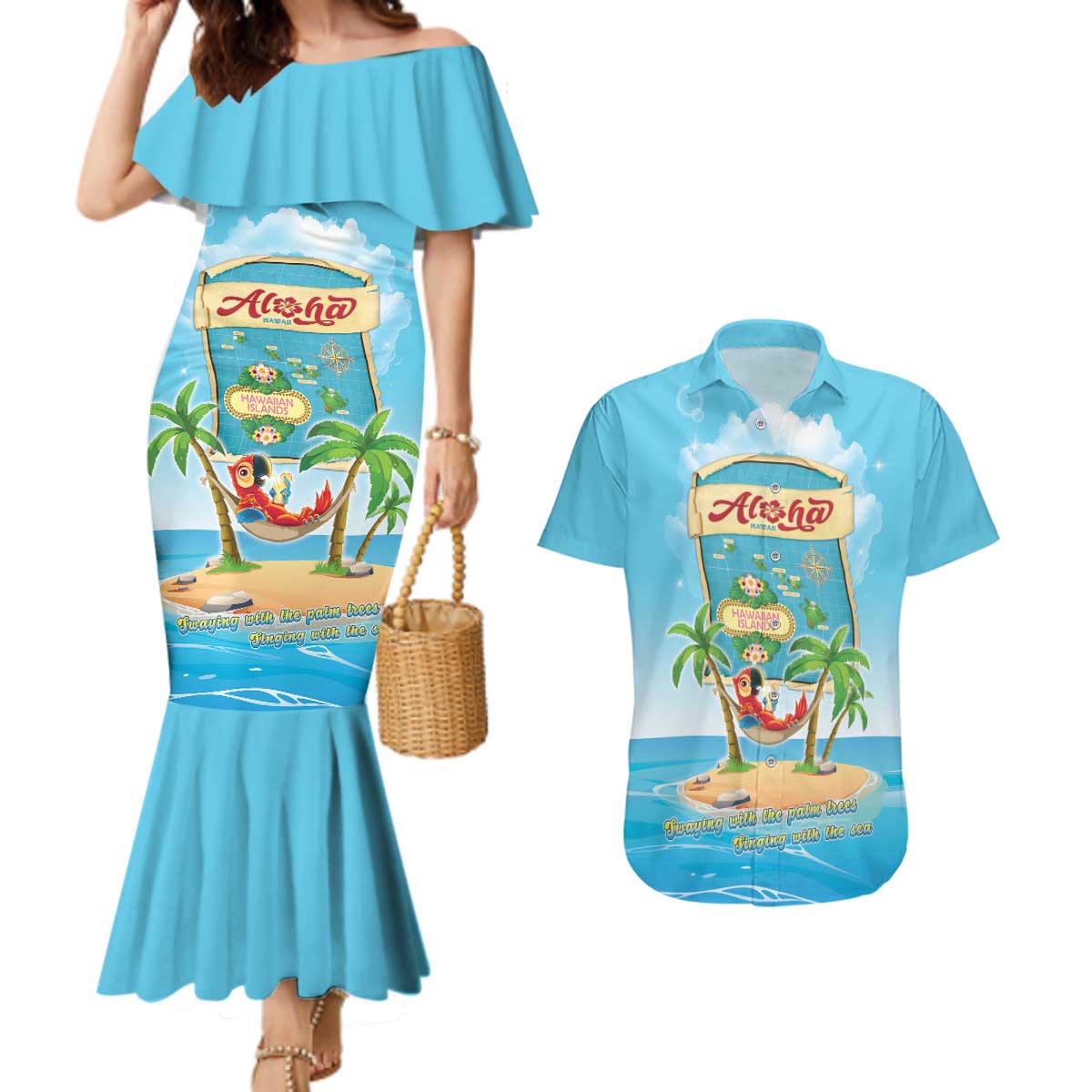 Aloha Hawaii Couples Matching Mermaid Dress and Hawaiian Shirt Funny Macaw Parrot Tropical Vibe