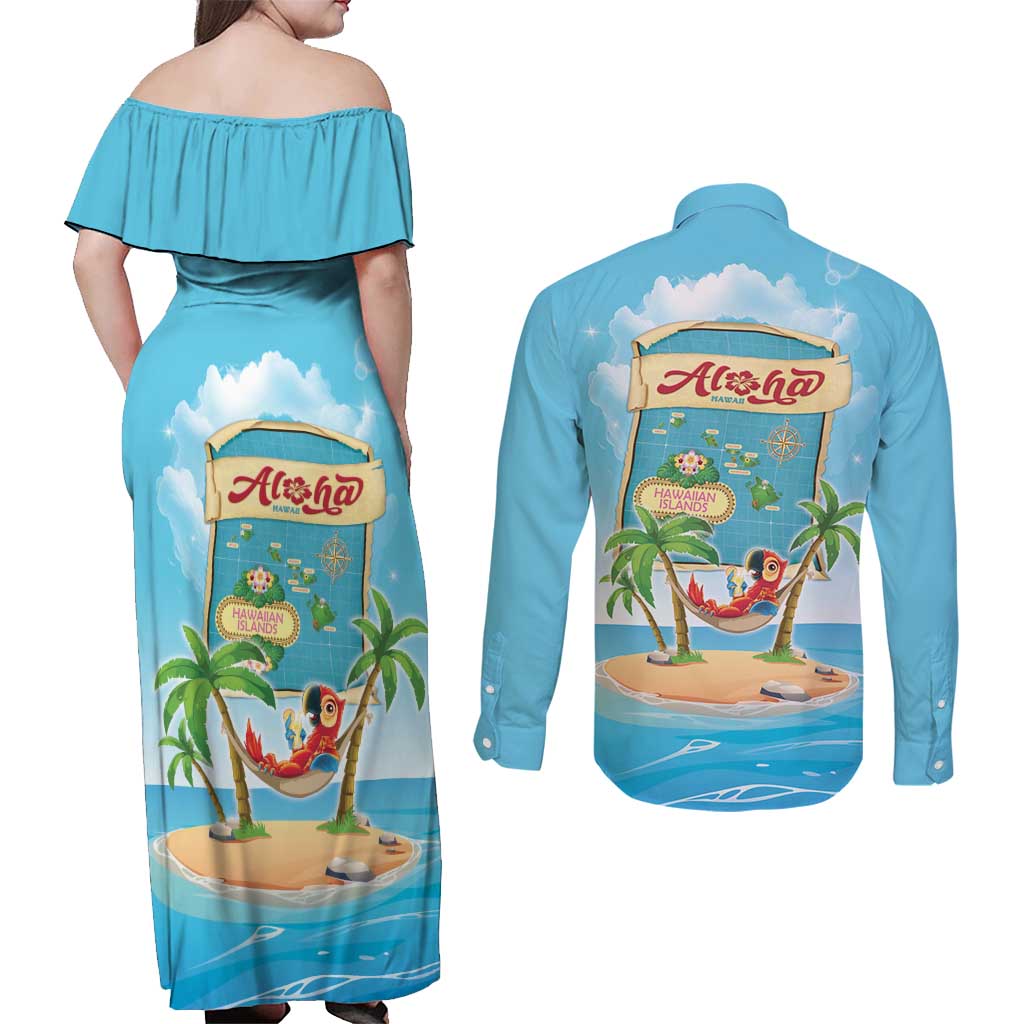 Aloha Hawaii Couples Matching Off Shoulder Maxi Dress and Long Sleeve Button Shirt Funny Macaw Parrot Tropical Vibe