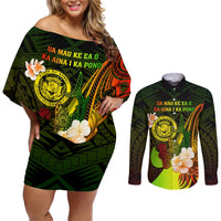Personalised Hawaii State Motto Couples Matching Off Shoulder Short Dress and Long Sleeve Button Shirt Hawaiian Tribal Reggae Hammerhead Shark LT05 Reggae - Polynesian Pride