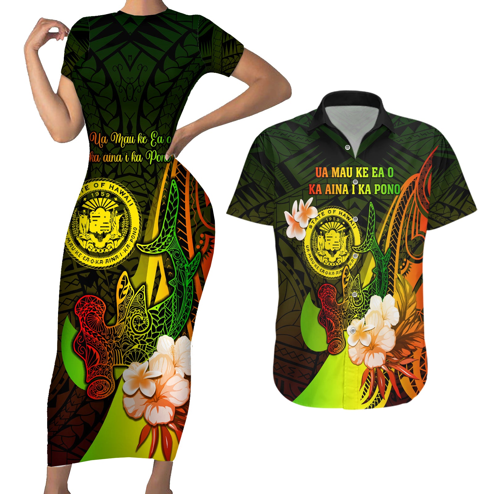 Personalised Hawaii State Motto Couples Matching Short Sleeve Bodycon Dress and Hawaiian Shirt Hawaiian Tribal Reggae Hammerhead Shark LT05 Reggae - Polynesian Pride