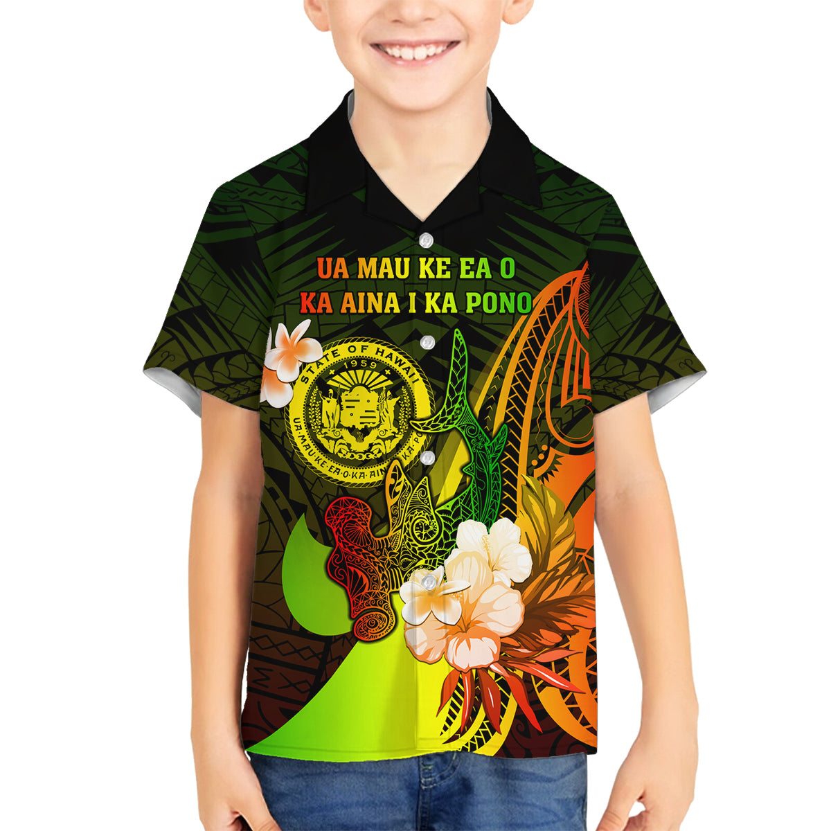 Personalised Hawaii State Motto Family Matching Long Sleeve Bodycon Dress and Hawaiian Shirt Hawaiian Tribal Reggae Hammerhead Shark LT05 Son's Shirt Reggae - Polynesian Pride
