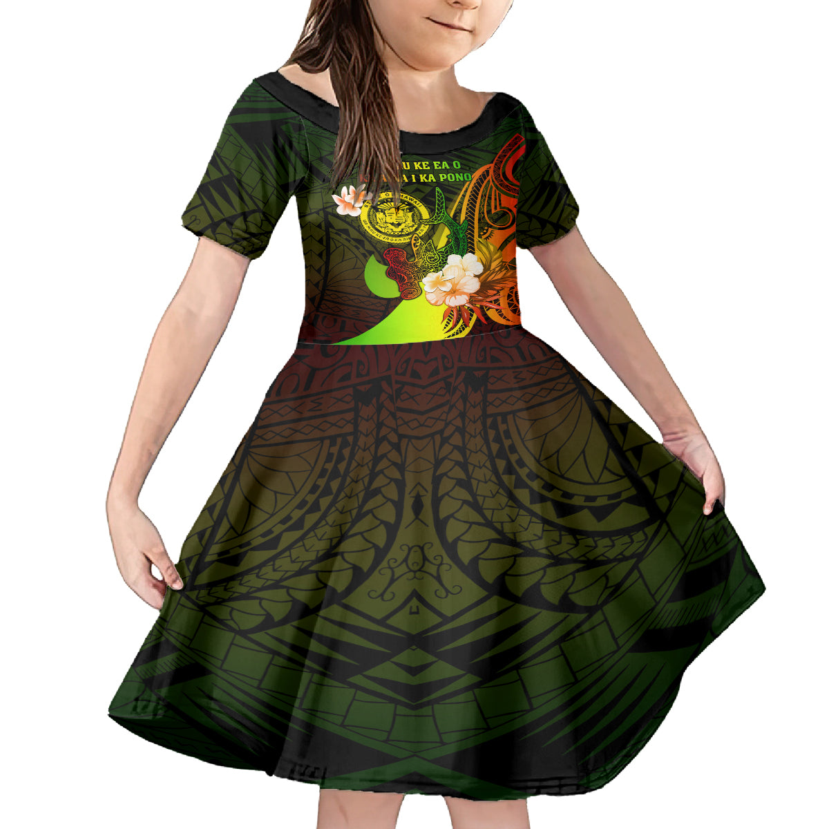 Personalised Hawaii State Motto Family Matching Tank Maxi Dress and Hawaiian Shirt Hawaiian Tribal Reggae Hammerhead Shark LT05 Daughter's Dress Reggae - Polynesian Pride