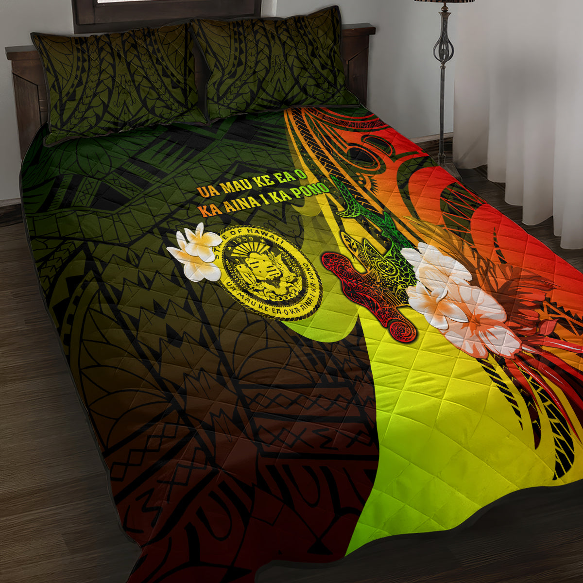 Hawaii State Motto Quilt Bed Set Hawaiian Tribal Reggae Hammerhead Shark LT05 - Polynesian Pride