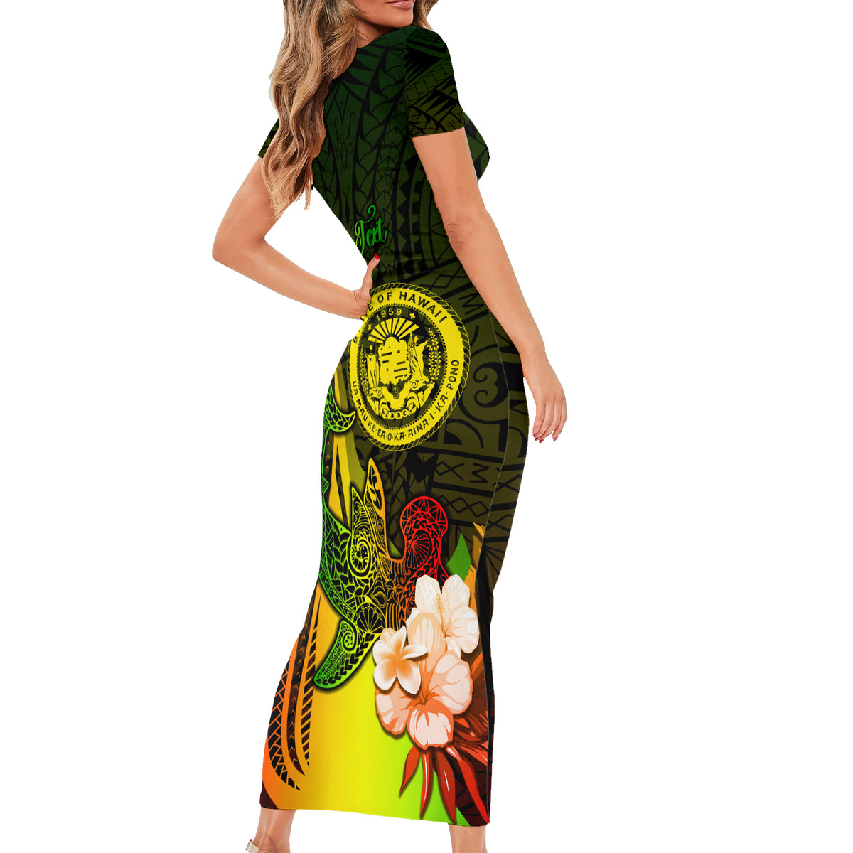 Personalised Hawaii State Motto Short Sleeve Bodycon Dress Hawaiian Tribal Reggae Hammerhead Shark LT05 - Polynesian Pride