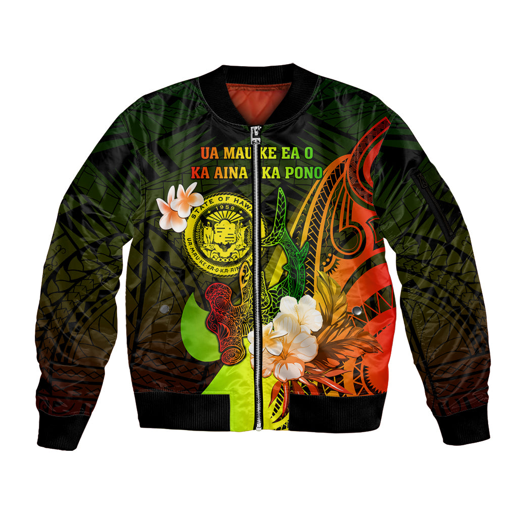 Personalised Hawaii State Motto Sleeve Zip Bomber Jacket Hawaiian Tribal Reggae Hammerhead Shark LT05 Unisex Reggae - Polynesian Pride
