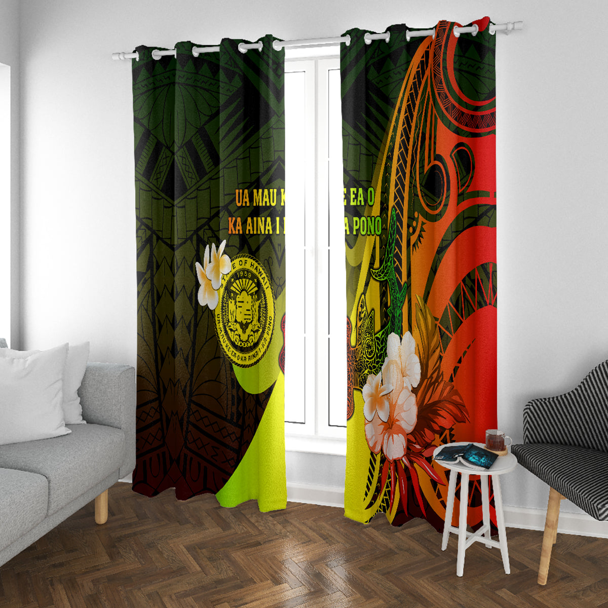 Hawaii State Motto Window Curtain Hawaiian Tribal Reggae Hammerhead Shark LT05 With Grommets Reggae - Polynesian Pride