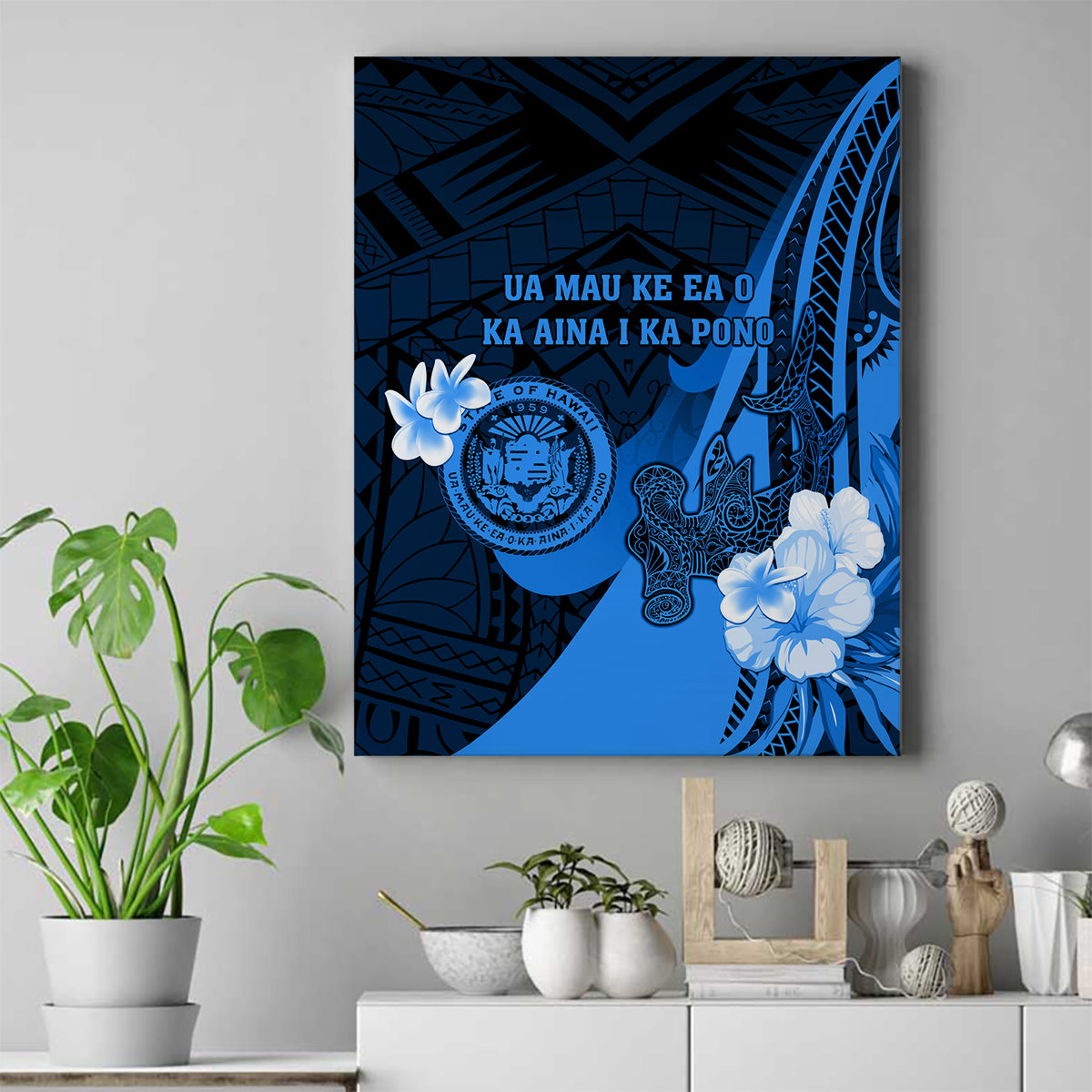 Hawaii State Motto Canvas Wall Art Hawaiian Tribal Blue Hammerhead Shark LT05 Blue - Polynesian Pride