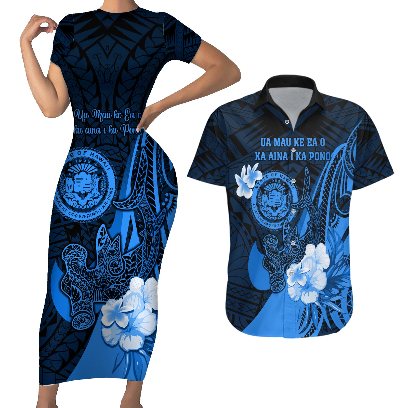 Personalised Hawaii State Motto Couples Matching Short Sleeve Bodycon Dress and Hawaiian Shirt Hawaiian Tribal Blue Hammerhead Shark LT05 Blue - Polynesian Pride