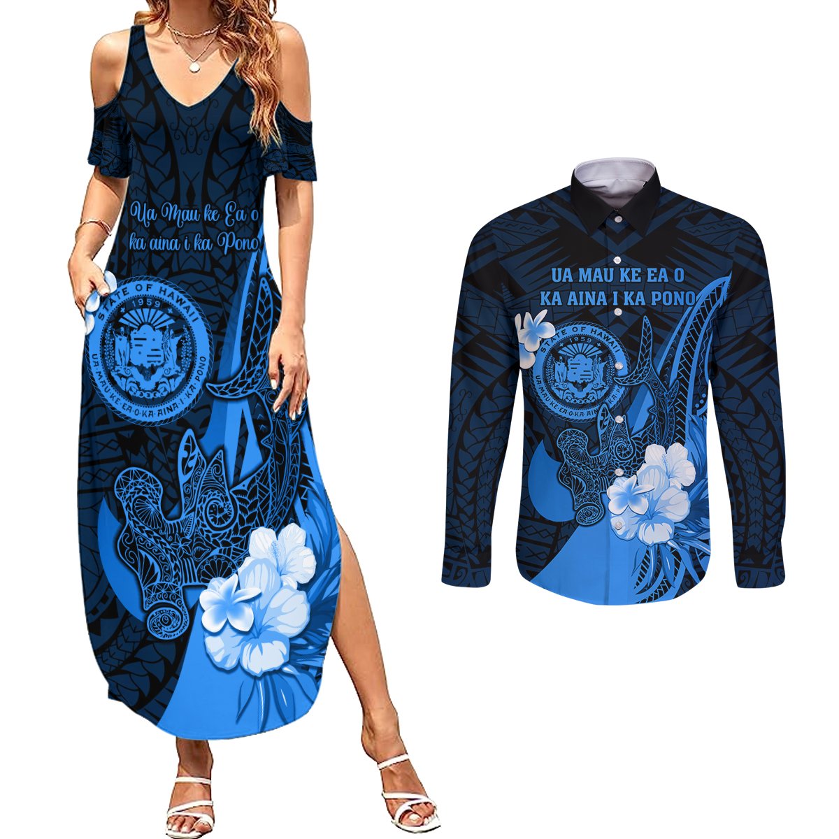 Personalised Hawaii State Motto Couples Matching Summer Maxi Dress and Long Sleeve Button Shirt Hawaiian Tribal Blue Hammerhead Shark LT05 Blue - Polynesian Pride