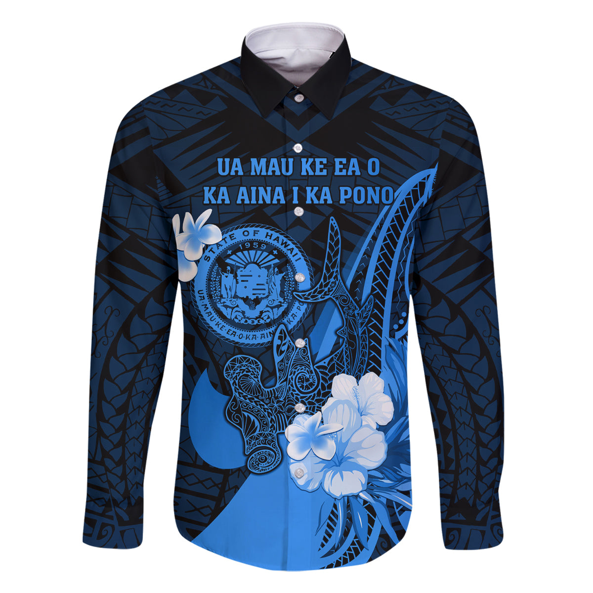 Personalised Hawaii State Motto Family Matching Off Shoulder Long Sleeve Dress and Hawaiian Shirt Hawaiian Tribal Blue Hammerhead Shark LT05 Dad's Shirt - Long Sleeve Blue - Polynesian Pride
