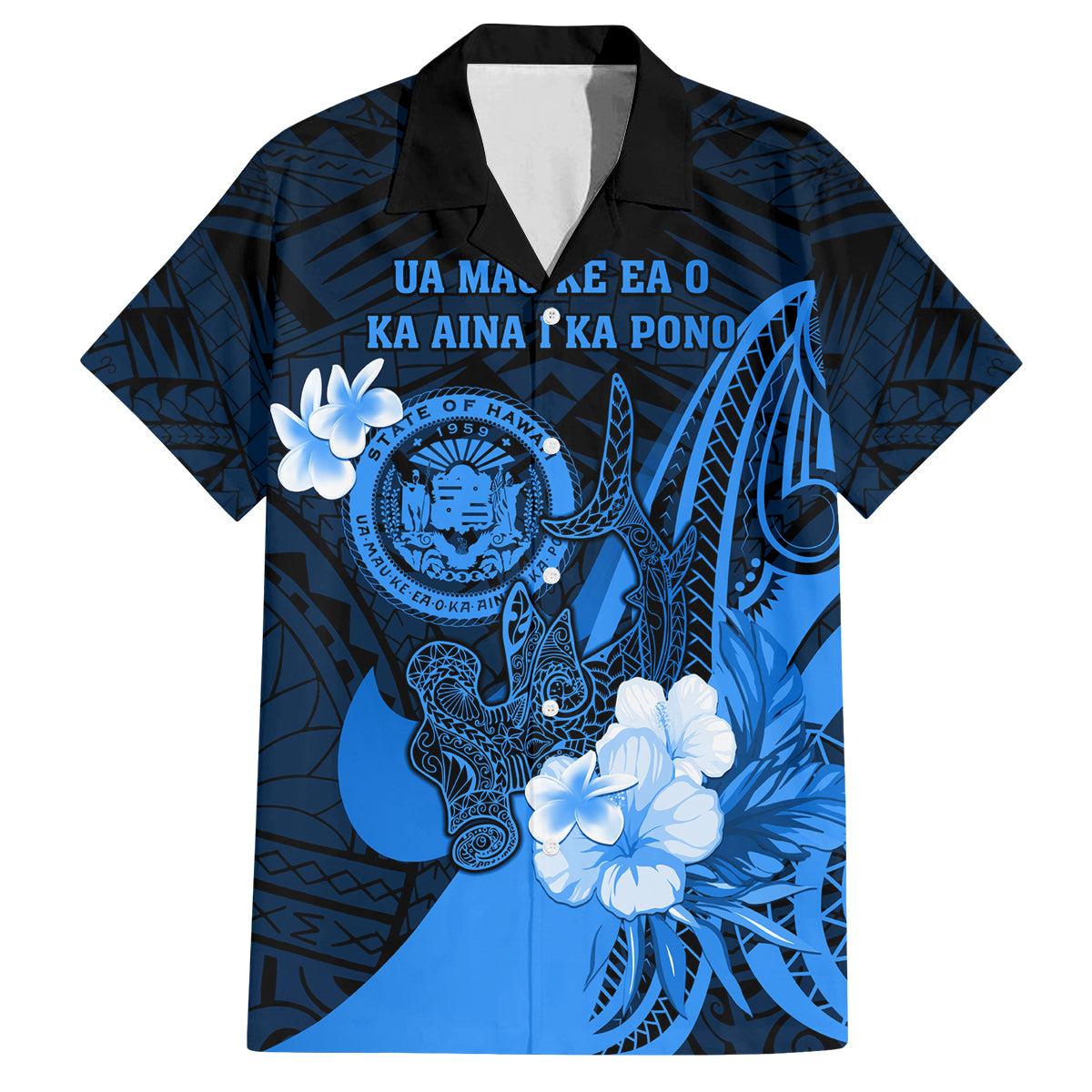 Personalised Hawaii State Motto Family Matching Puletasi and Hawaiian Shirt Hawaiian Tribal Blue Hammerhead Shark LT05 Dad's Shirt - Short Sleeve Blue - Polynesian Pride
