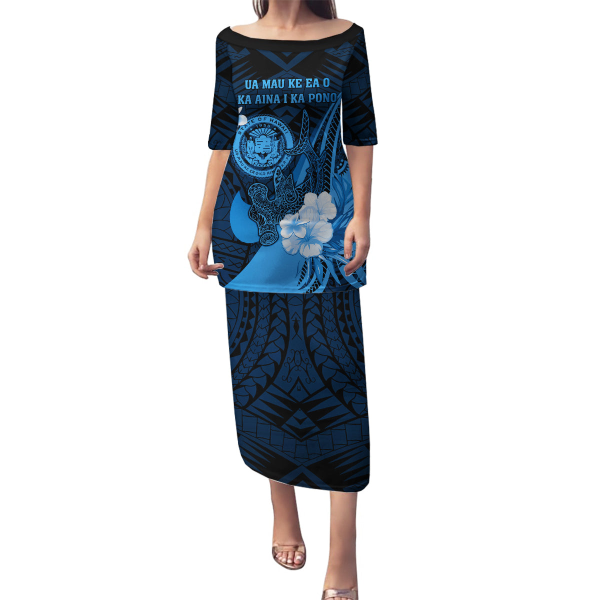 Personalised Hawaii State Motto Family Matching Puletasi and Hawaiian Shirt Hawaiian Tribal Blue Hammerhead Shark LT05 Mom's Dress Blue - Polynesian Pride