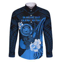 Personalised Hawaii State Motto Family Matching Short Sleeve Bodycon Dress and Hawaiian Shirt Hawaiian Tribal Blue Hammerhead Shark LT05 Dad's Shirt - Long Sleeve Blue - Polynesian Pride