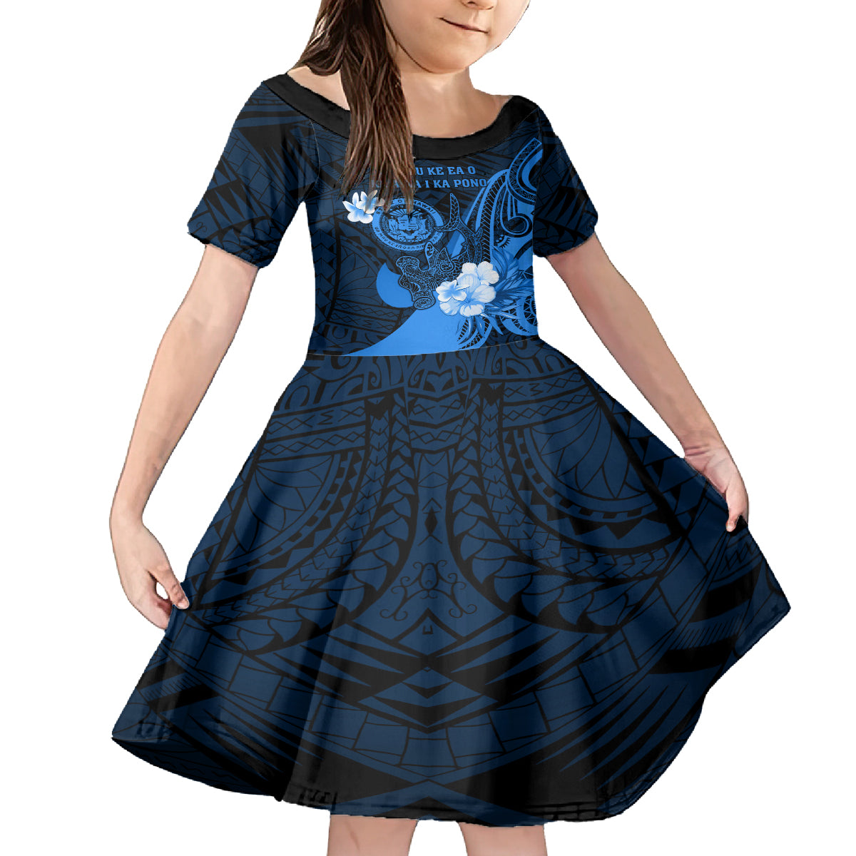 Personalised Hawaii State Motto Family Matching Tank Maxi Dress and Hawaiian Shirt Hawaiian Tribal Blue Hammerhead Shark LT05 Daughter's Dress Blue - Polynesian Pride