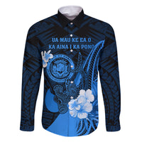 Personalised Hawaii State Motto Family Matching Tank Maxi Dress and Hawaiian Shirt Hawaiian Tribal Blue Hammerhead Shark LT05 Dad's Shirt - Long Sleeve Blue - Polynesian Pride