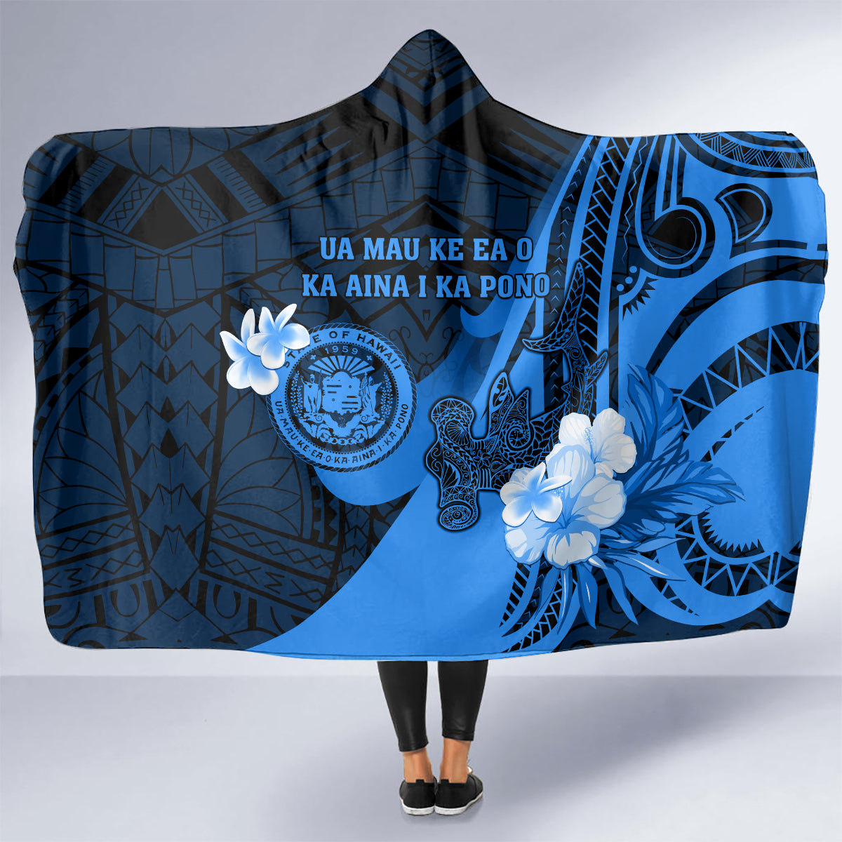 Hawaii State Motto Hooded Blanket Hawaiian Tribal Blue Hammerhead Shark LT05 - Polynesian Pride
