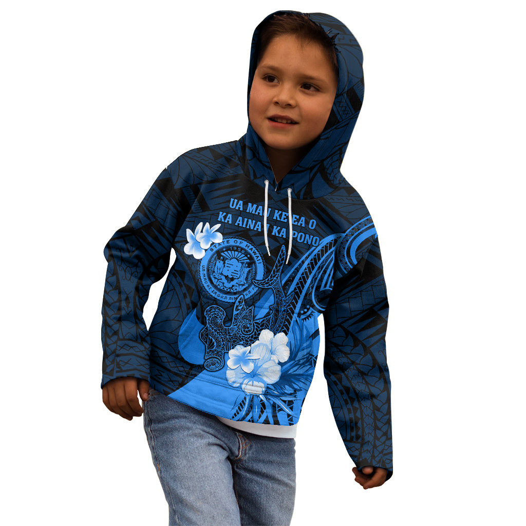 Personalised Hawaii State Motto Kid Hoodie Hawaiian Tribal Blue Hammerhead Shark LT05 - Polynesian Pride
