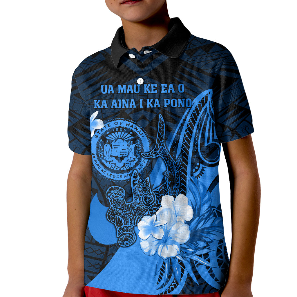 Personalised Hawaii State Motto Kid Polo Shirt Hawaiian Tribal Blue Hammerhead Shark LT05 Kid Blue - Polynesian Pride
