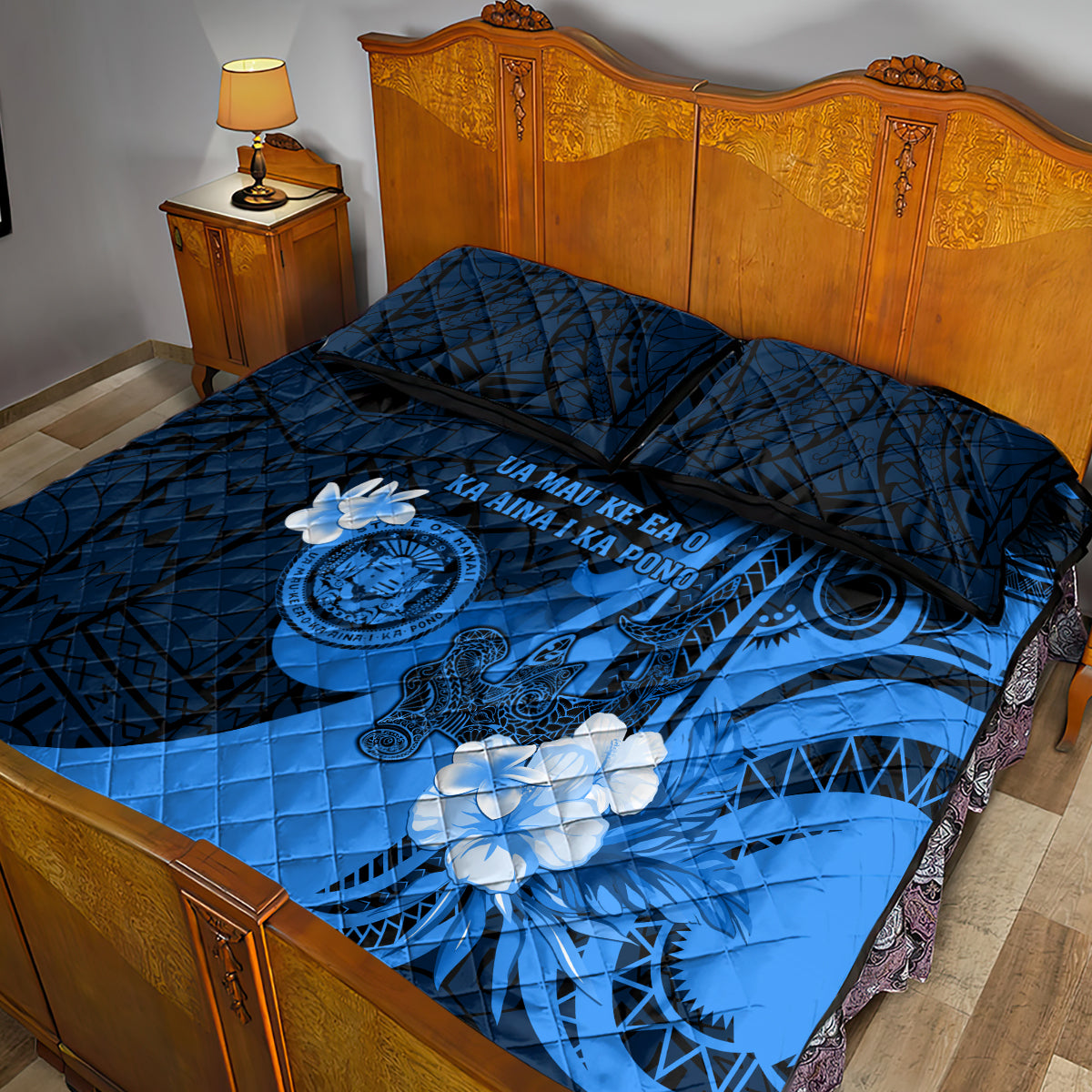 Hawaii State Motto Quilt Bed Set Hawaiian Tribal Blue Hammerhead Shark LT05 - Polynesian Pride