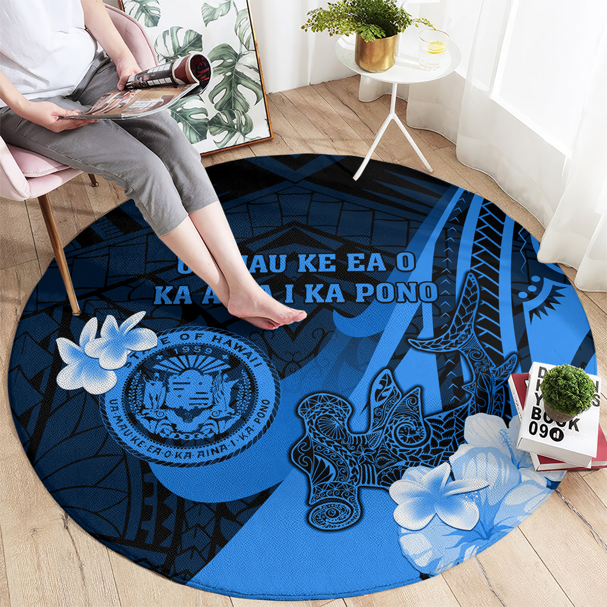 Hawaii State Motto Round Carpet Hawaiian Tribal Blue Hammerhead Shark LT05 - Polynesian Pride