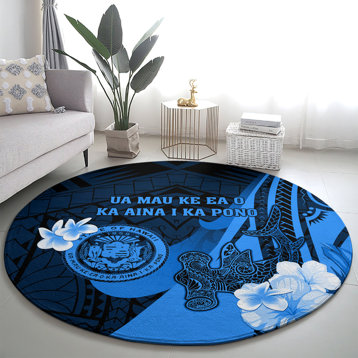 Hawaii State Motto Round Carpet Hawaiian Tribal Blue Hammerhead Shark LT05 - Polynesian Pride