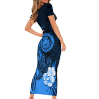 Personalised Hawaii State Motto Short Sleeve Bodycon Dress Hawaiian Tribal Blue Hammerhead Shark LT05 - Polynesian Pride