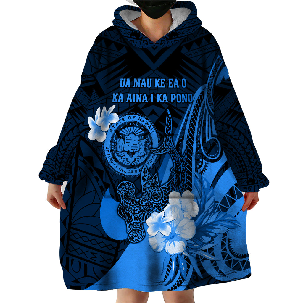 Personalised Hawaii State Motto Wearable Blanket Hoodie Hawaiian Tribal Blue Hammerhead Shark LT05 - Polynesian Pride