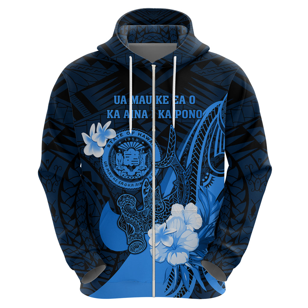 Personalised Hawaii State Motto Zip Hoodie Hawaiian Tribal Blue Hammerhead Shark LT05 - Polynesian Pride
