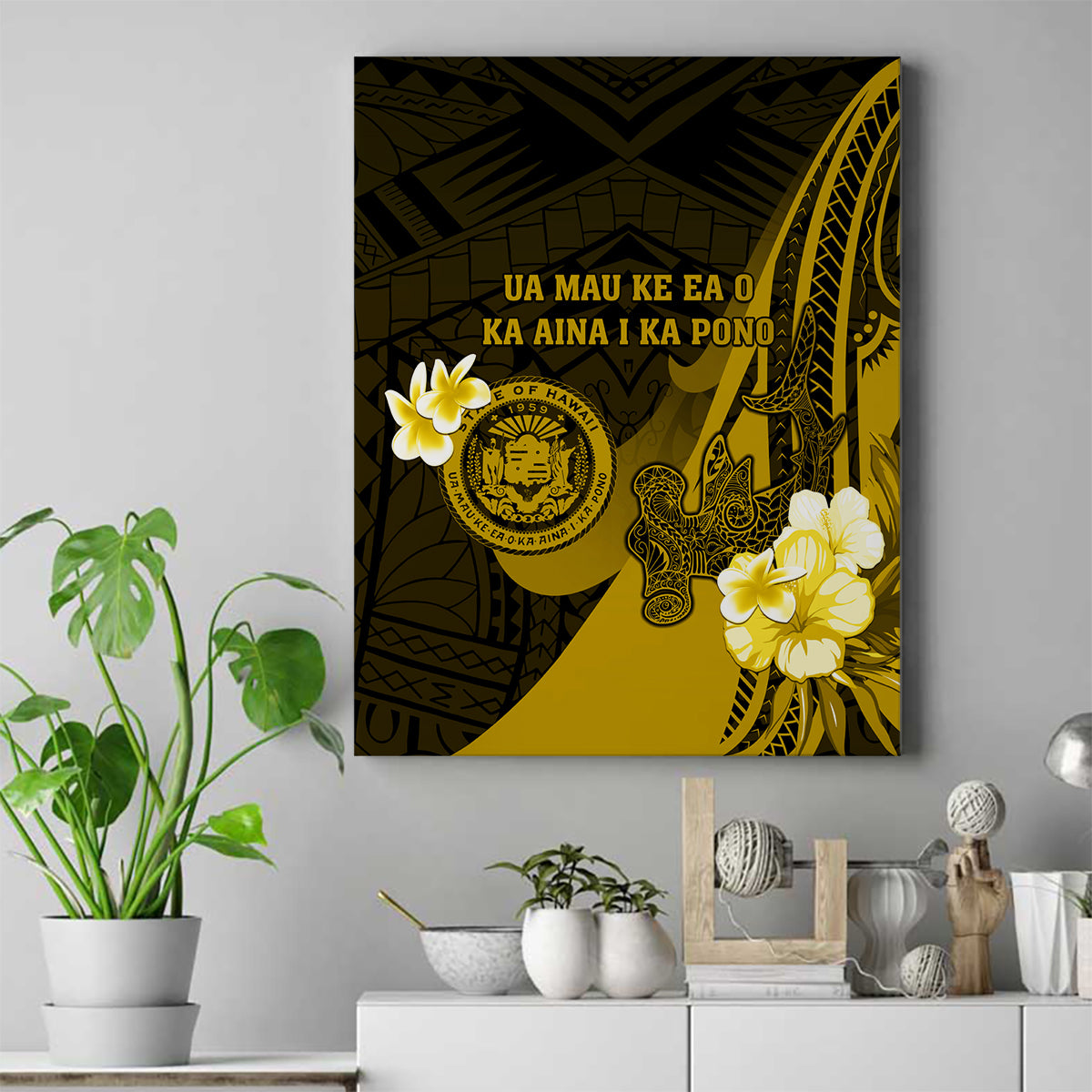 Hawaii State Motto Canvas Wall Art Hawaiian Tribal Gold Hammerhead Shark LT05 Gold - Polynesian Pride