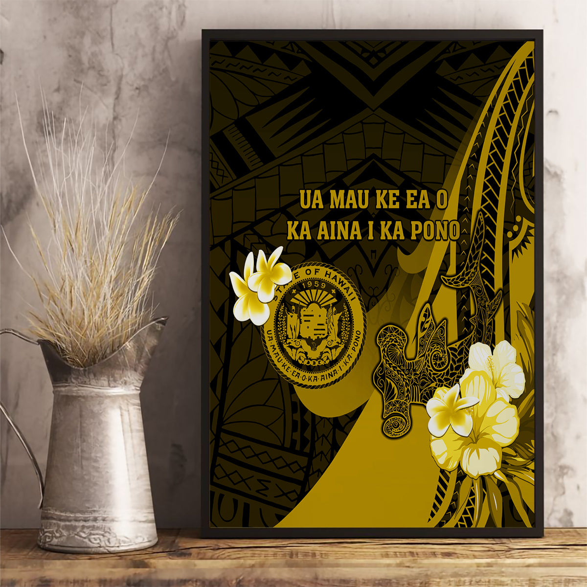 Hawaii State Motto Canvas Wall Art Hawaiian Tribal Gold Hammerhead Shark LT05 - Polynesian Pride