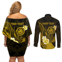 Personalised Hawaii State Motto Couples Matching Off Shoulder Short Dress and Long Sleeve Button Shirt Hawaiian Tribal Gold Hammerhead Shark LT05 - Polynesian Pride