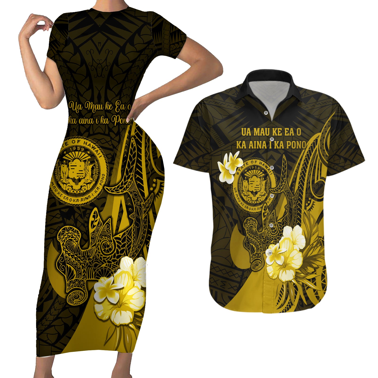 Personalised Hawaii State Motto Couples Matching Short Sleeve Bodycon Dress and Hawaiian Shirt Hawaiian Tribal Gold Hammerhead Shark LT05 Gold - Polynesian Pride