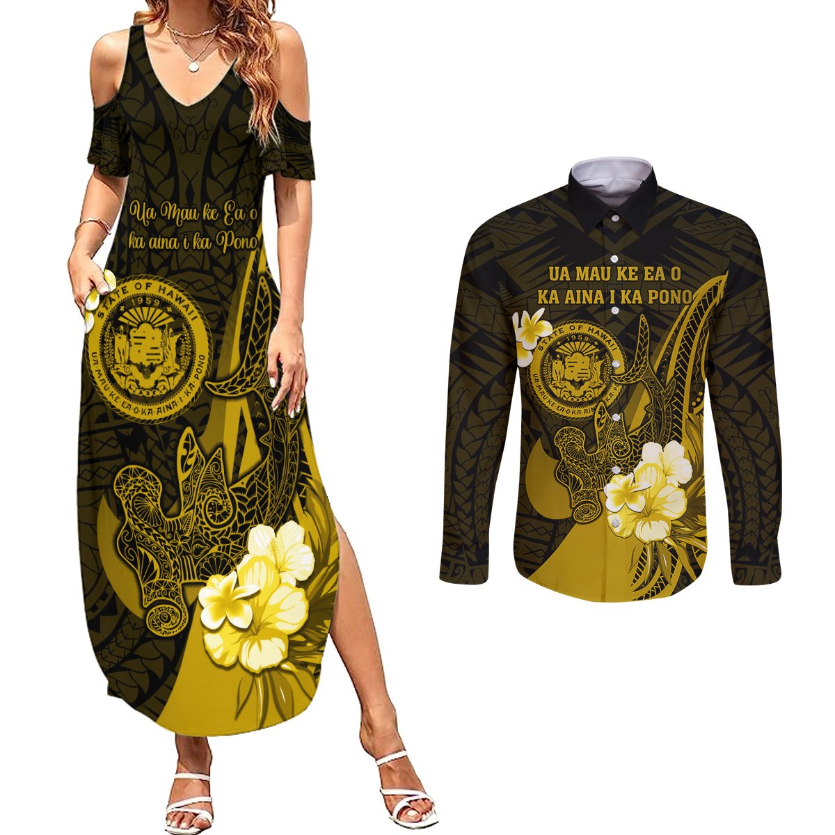 Personalised Hawaii State Motto Couples Matching Summer Maxi Dress and Long Sleeve Button Shirt Hawaiian Tribal Gold Hammerhead Shark LT05 Gold - Polynesian Pride